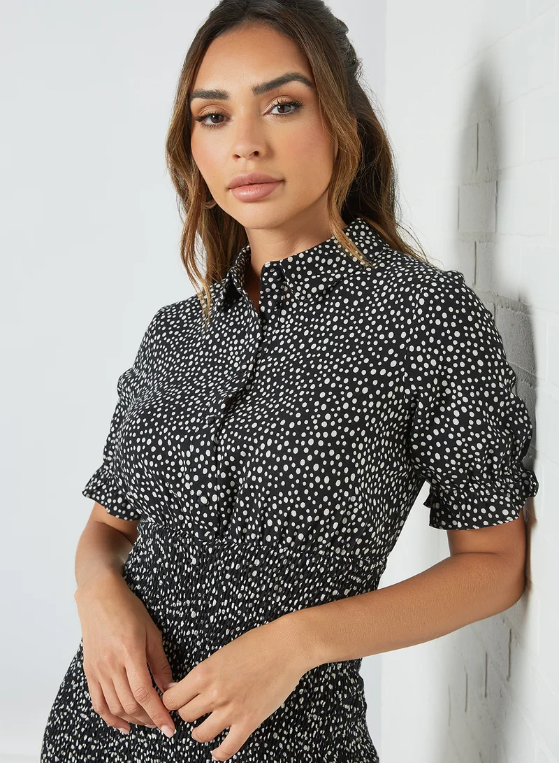 فيرو مودا Spotted Shirred Mini Dress أسود