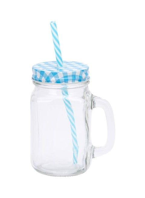 Myra Mason Jar With Chequered Lid  And Straw Clear/Blue