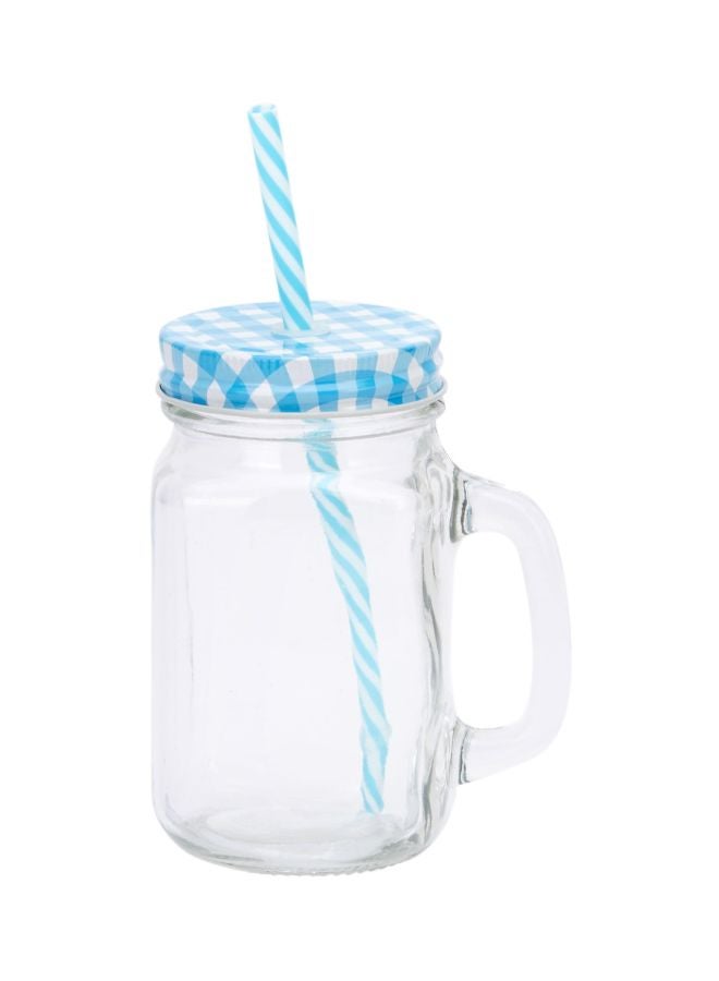 Myra Mason Jar With Chequered Lid  And Straw Clear/Blue