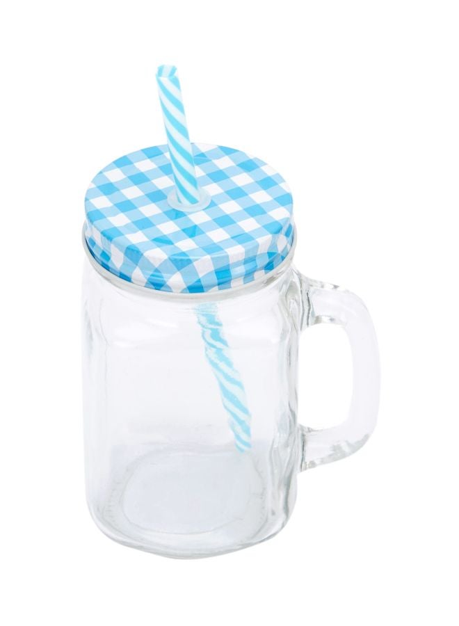 Myra Mason Jar With Chequered Lid  And Straw Clear/Blue