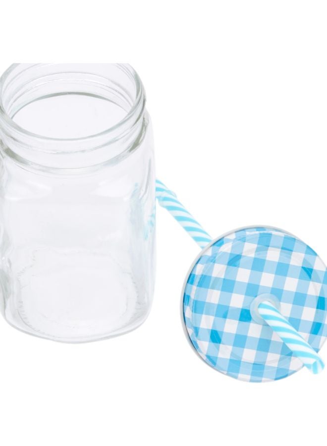 Myra Mason Jar With Chequered Lid  And Straw Clear/Blue