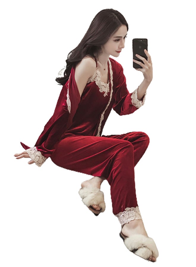 Lace Velvet Pajama Set Red - Image 1