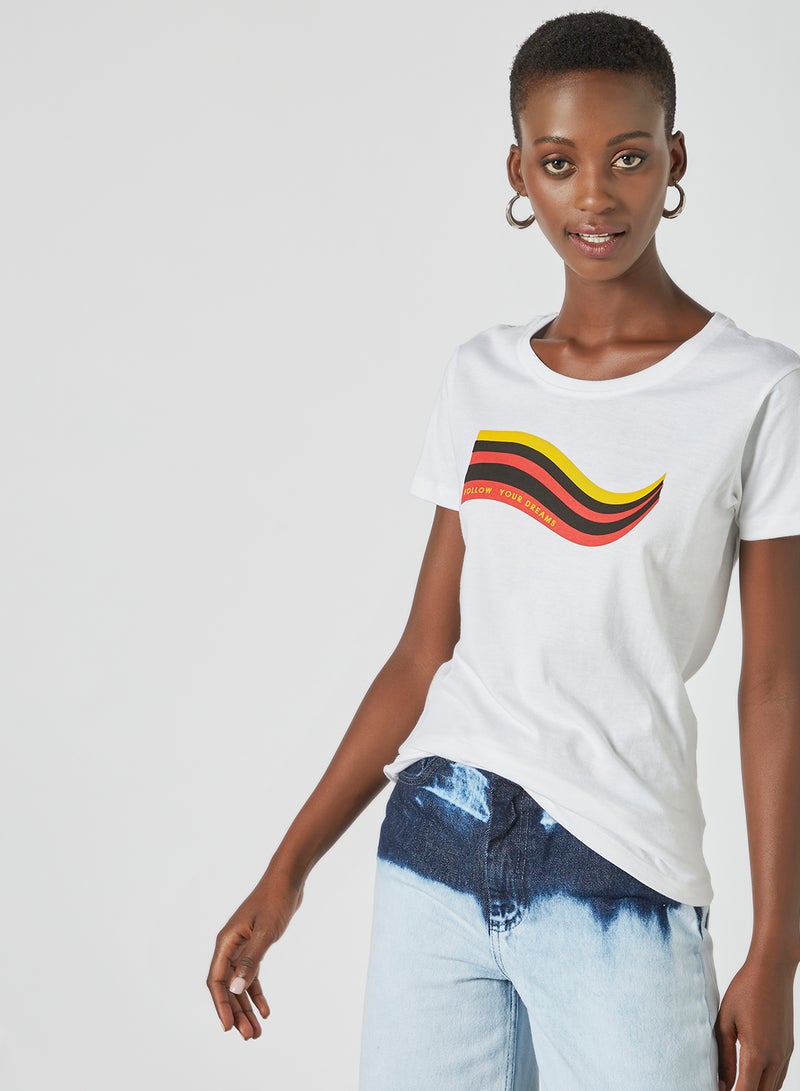 Aila Round Printed Neck T-Shirt Bright White - Image 1