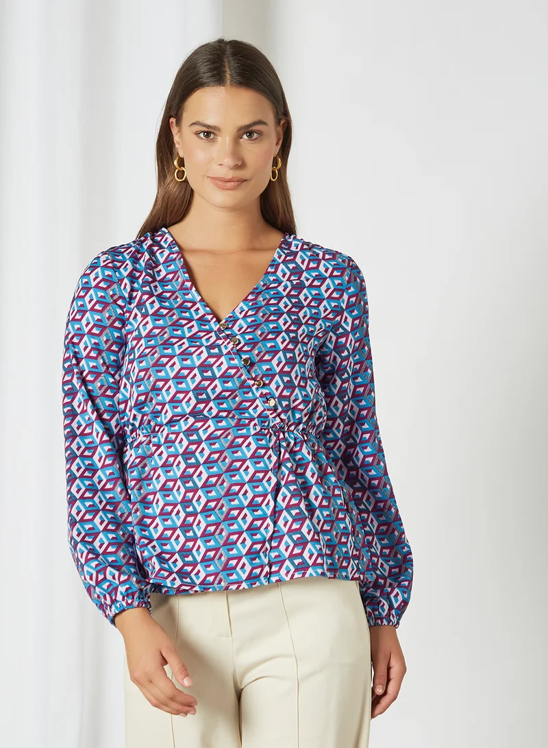 Aila V-Neck Printed Blouse Top