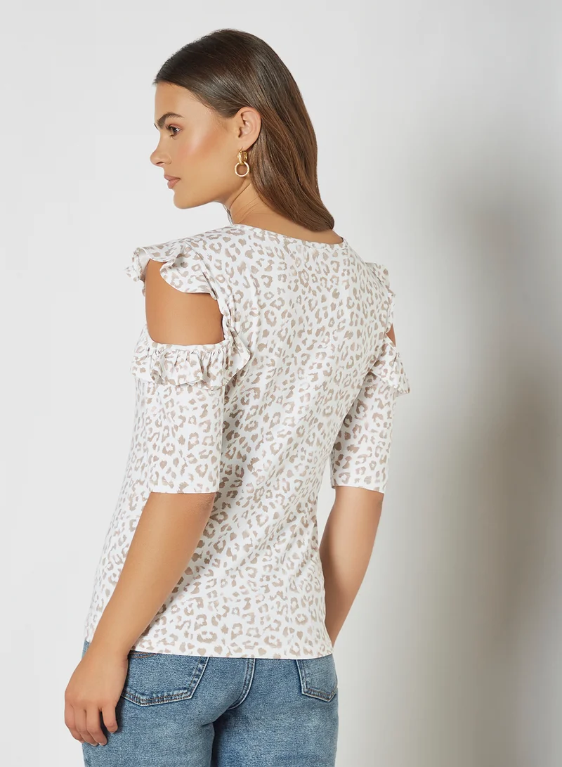 Aila Round Neck Cold Shoulder Printed Blouse Top White