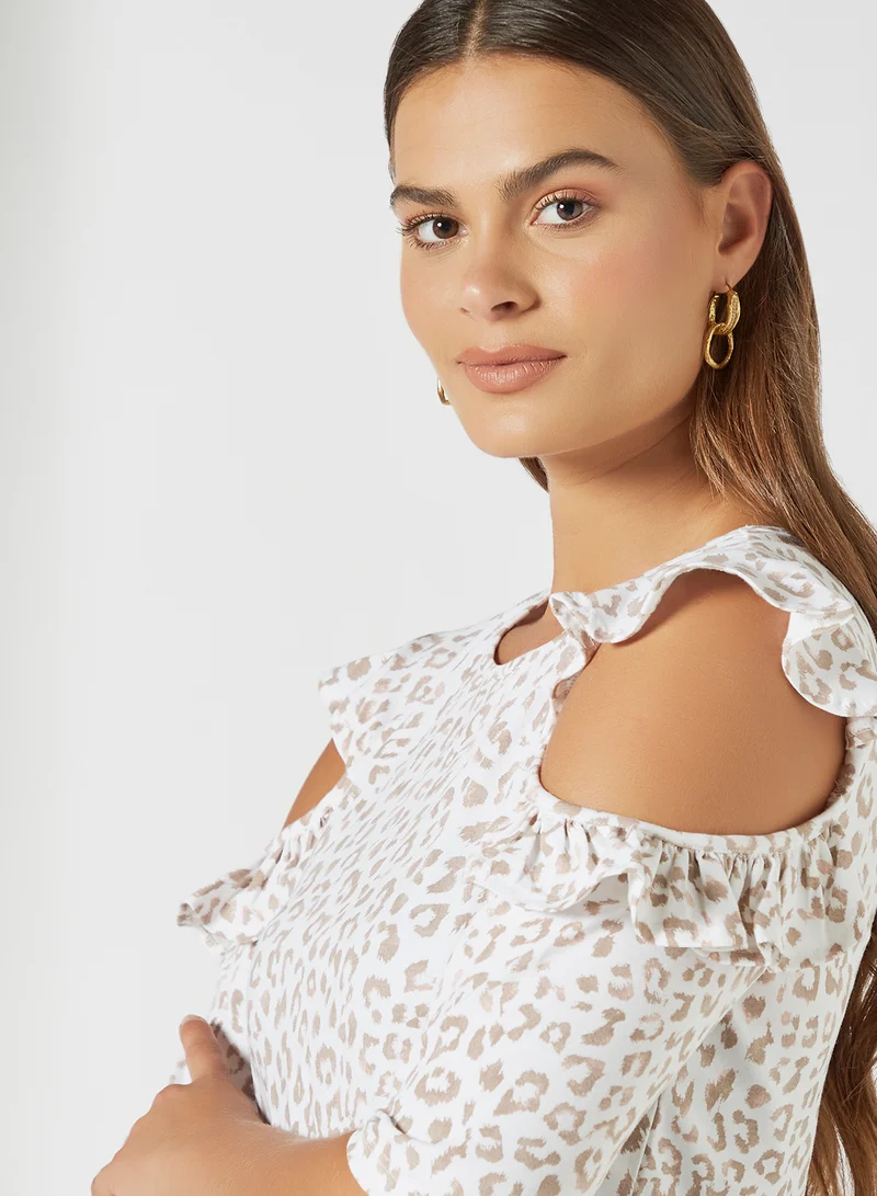 Aila Round Neck Cold Shoulder Printed Blouse Top White