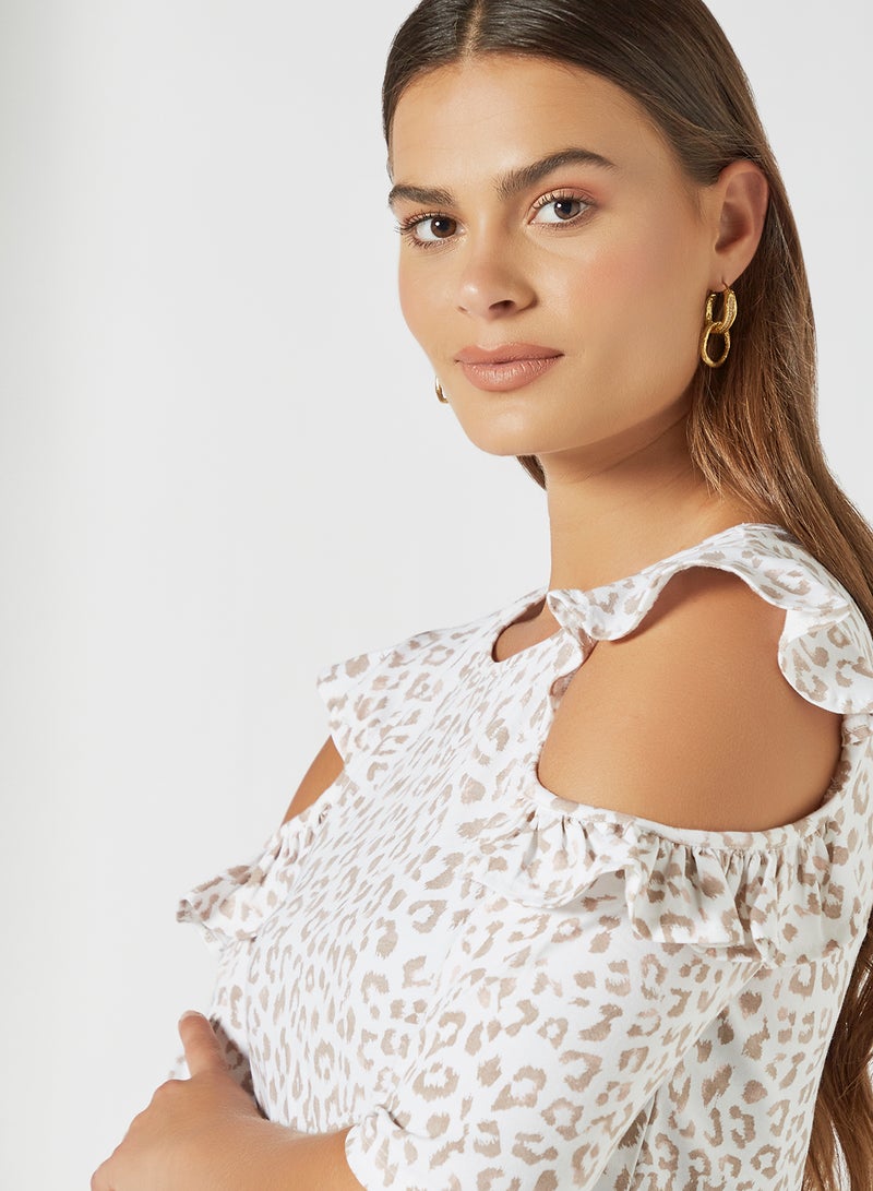 Aila Round Neck Cold Shoulder Printed Blouse Top White  - Image 5