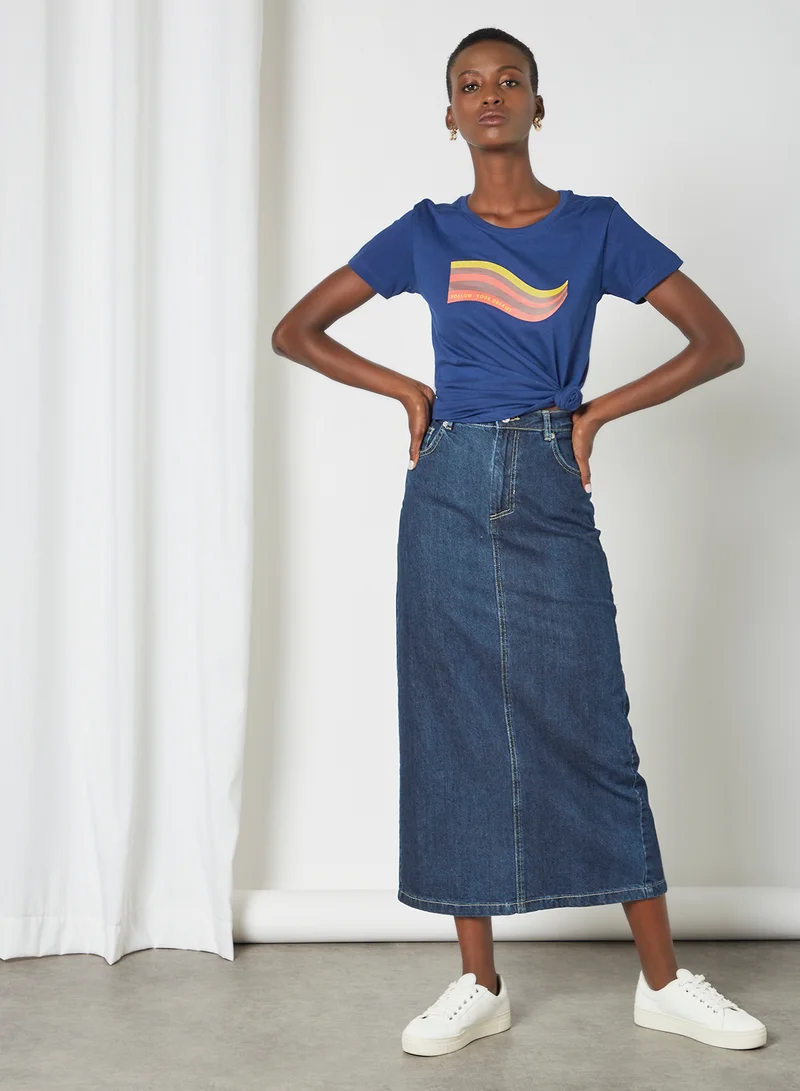 Aila Casual Round Neck Printed T-Shirt Blue