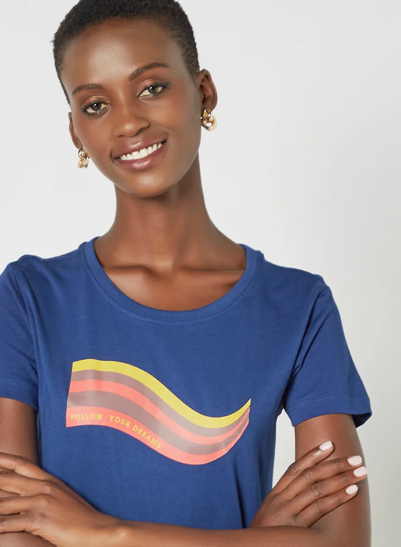 Aila Casual Round Neck Printed T-Shirt Blue