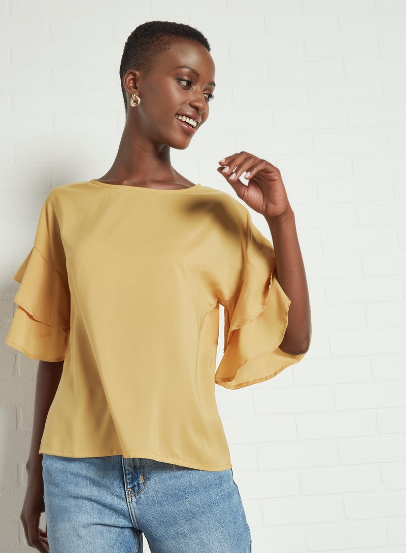 Aila Round Neck Frill Sleeve Plain Blouse Top Yellow - Image 1
