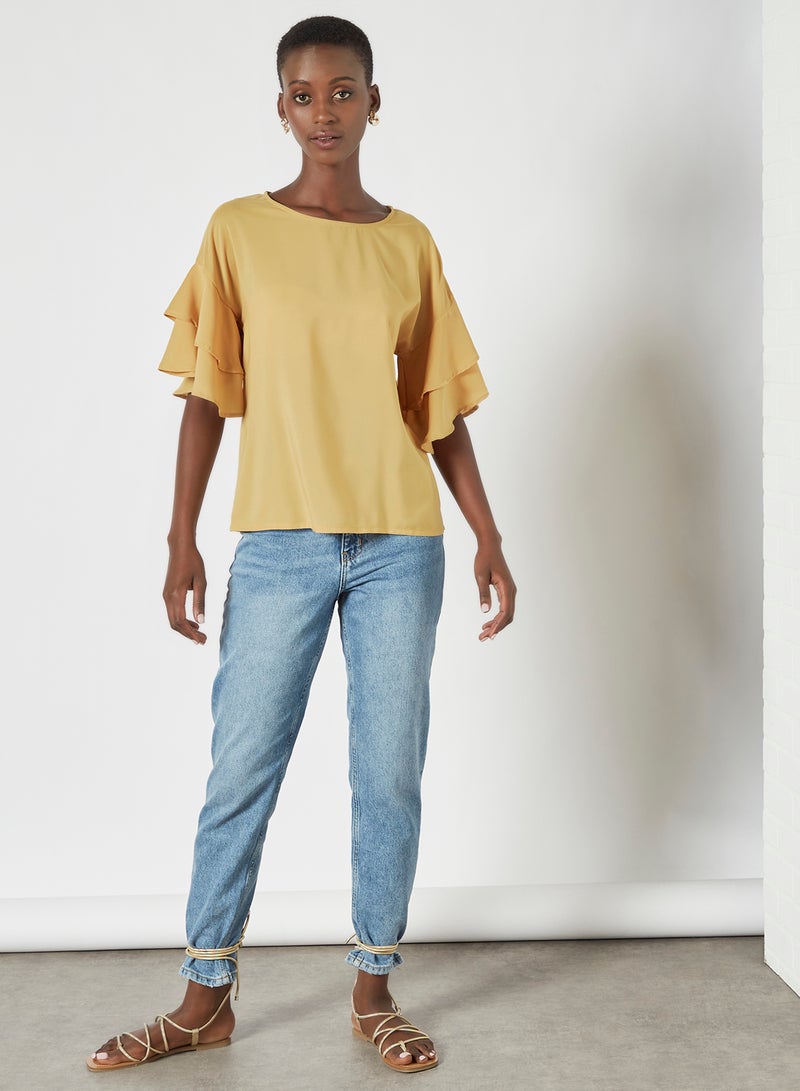 Aila Round Neck Frill Sleeve Plain Blouse Top Yellow - Image 2