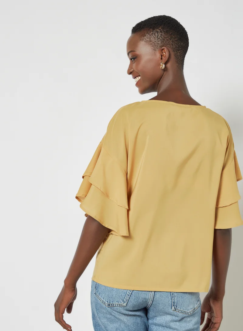 Aila Round Neck Frill Sleeve Plain Blouse Top Yellow