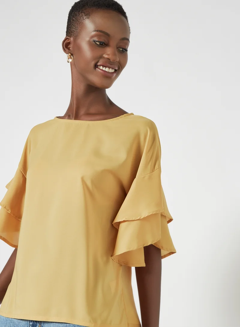 Aila Round Neck Frill Sleeve Plain Blouse Top Yellow