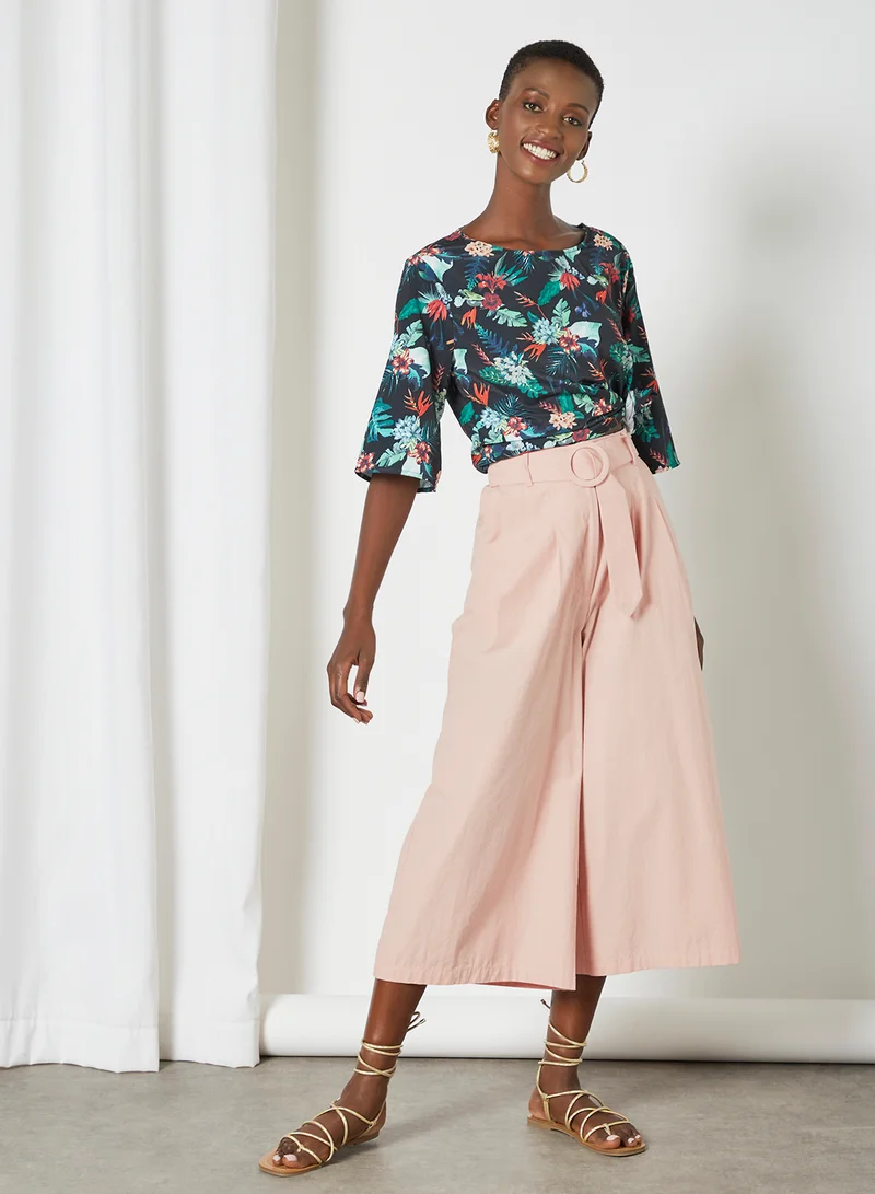 Aila Round Neck Floral Pattern Blouse Top Black