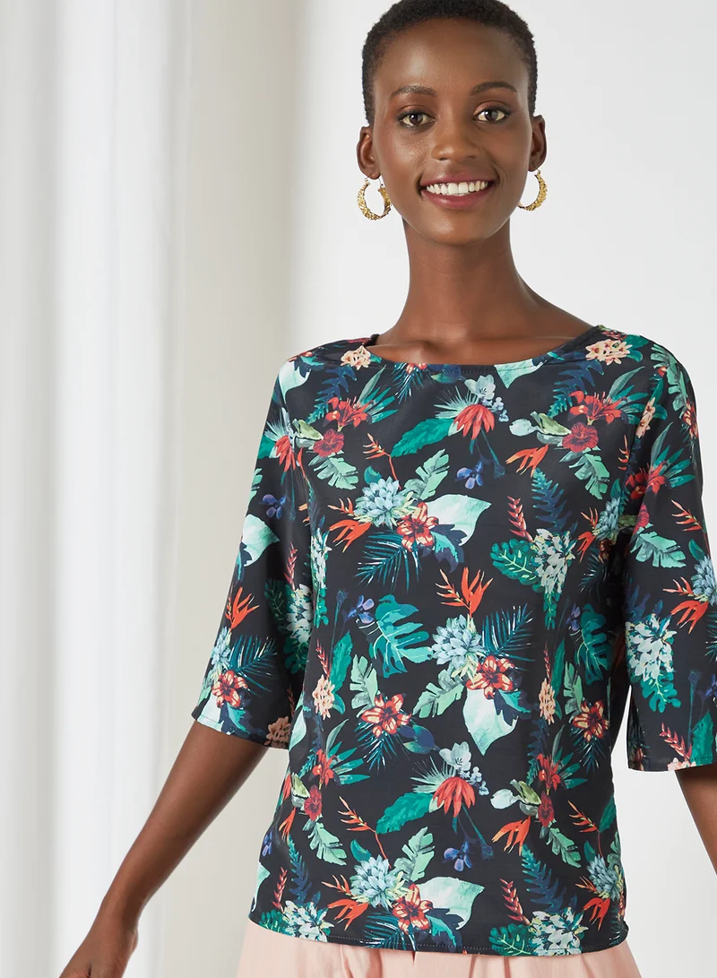 Aila Round Neck Floral Pattern Blouse Top Black