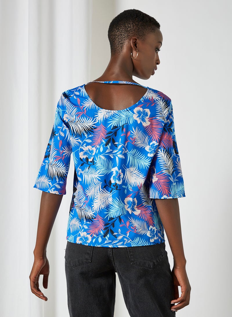 Aila Round Neck Floral Pattern Blouse Top Blue  - Image 3