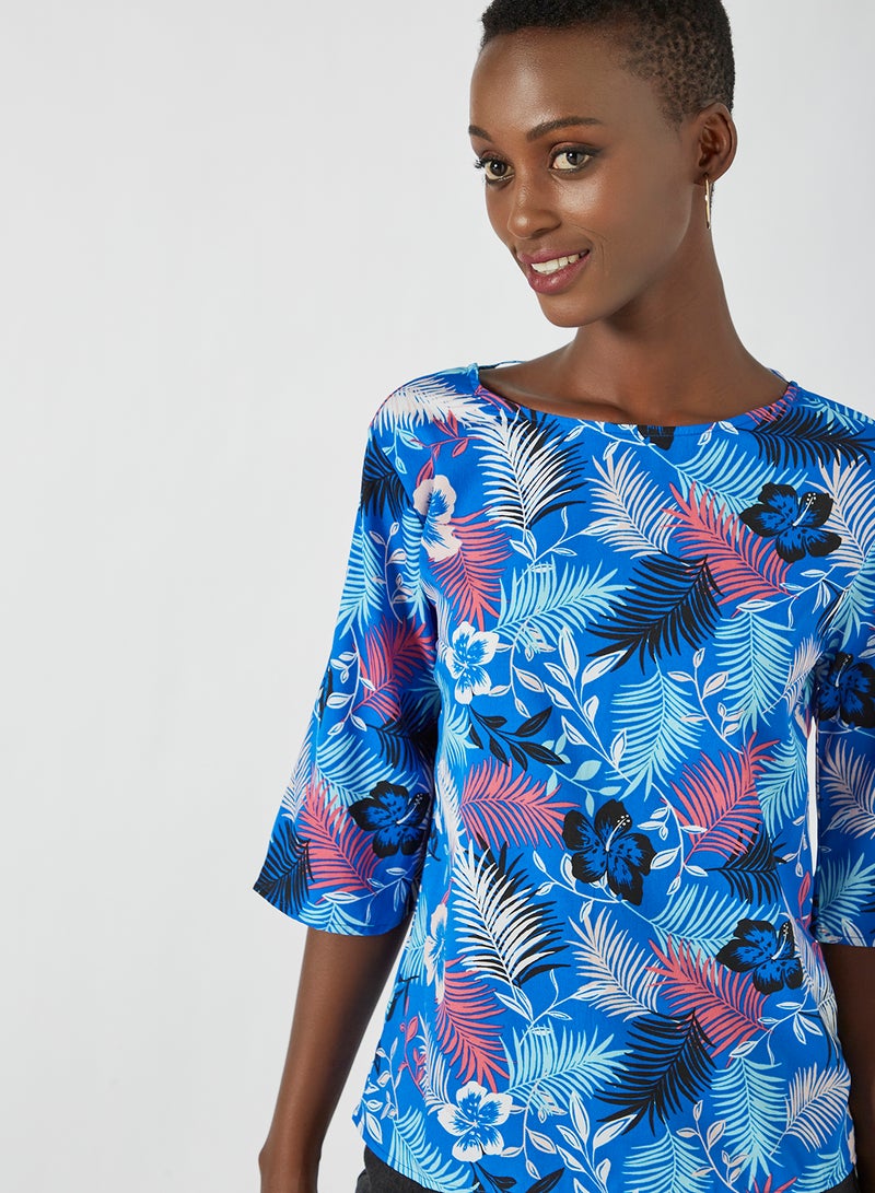 Aila Round Neck Floral Pattern Blouse Top Blue  - Image 4