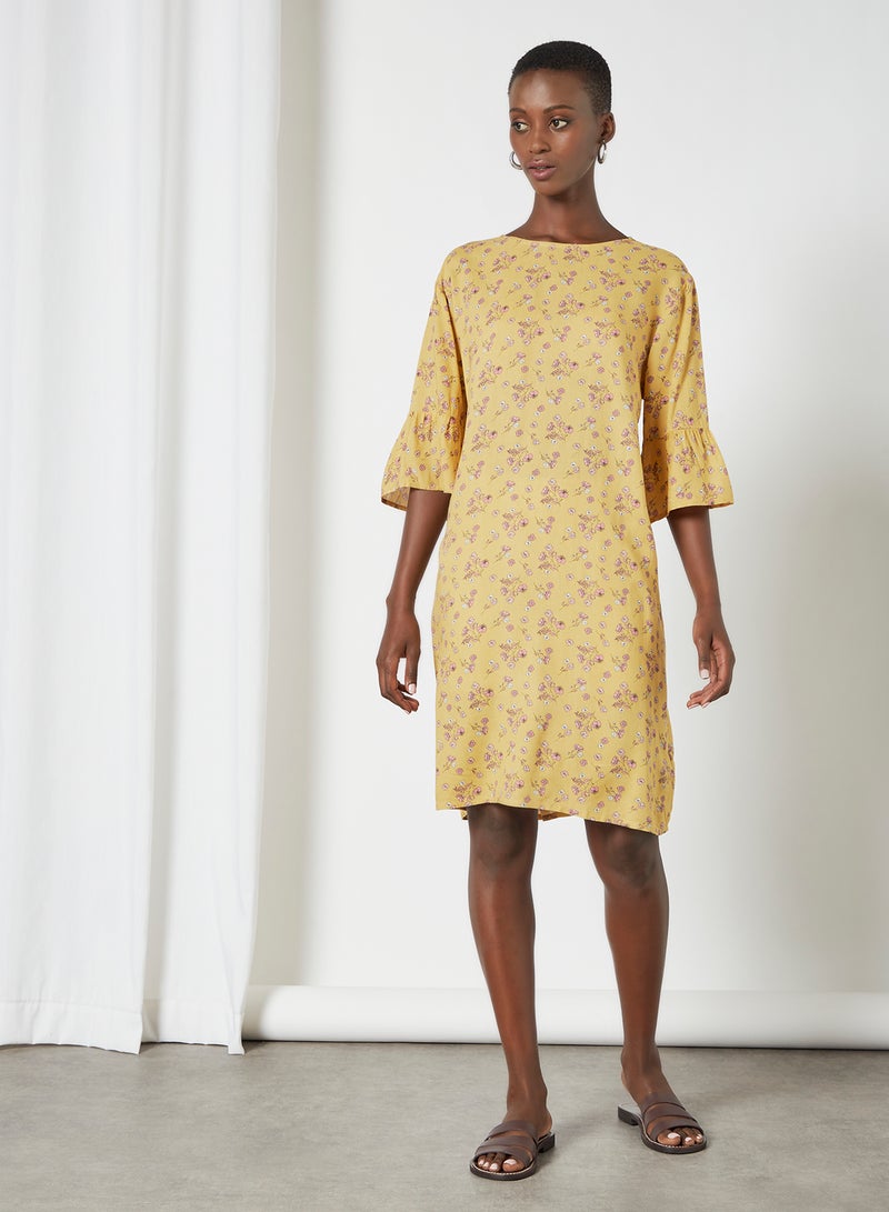 Aila Floral Pattern Flared Sleeve Dress Yellow  - Image 2