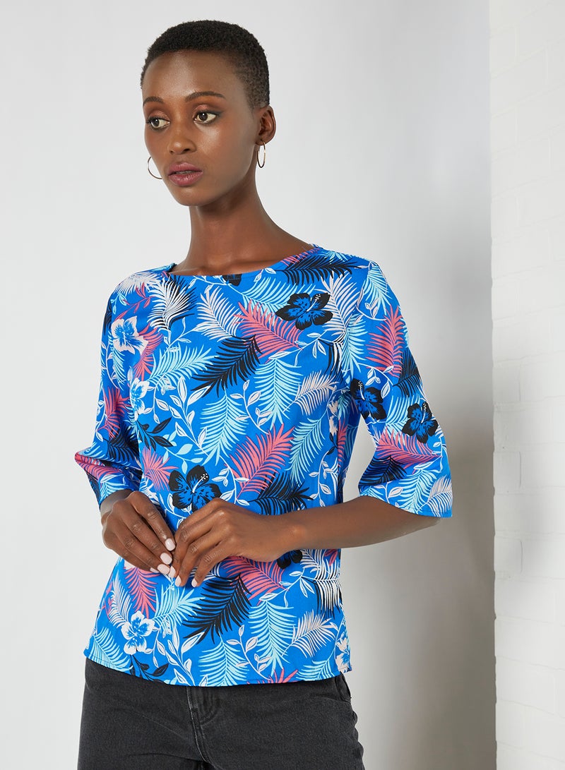 Aila Round Neck Floral Pattern Blouse Top Blue  - Image 1