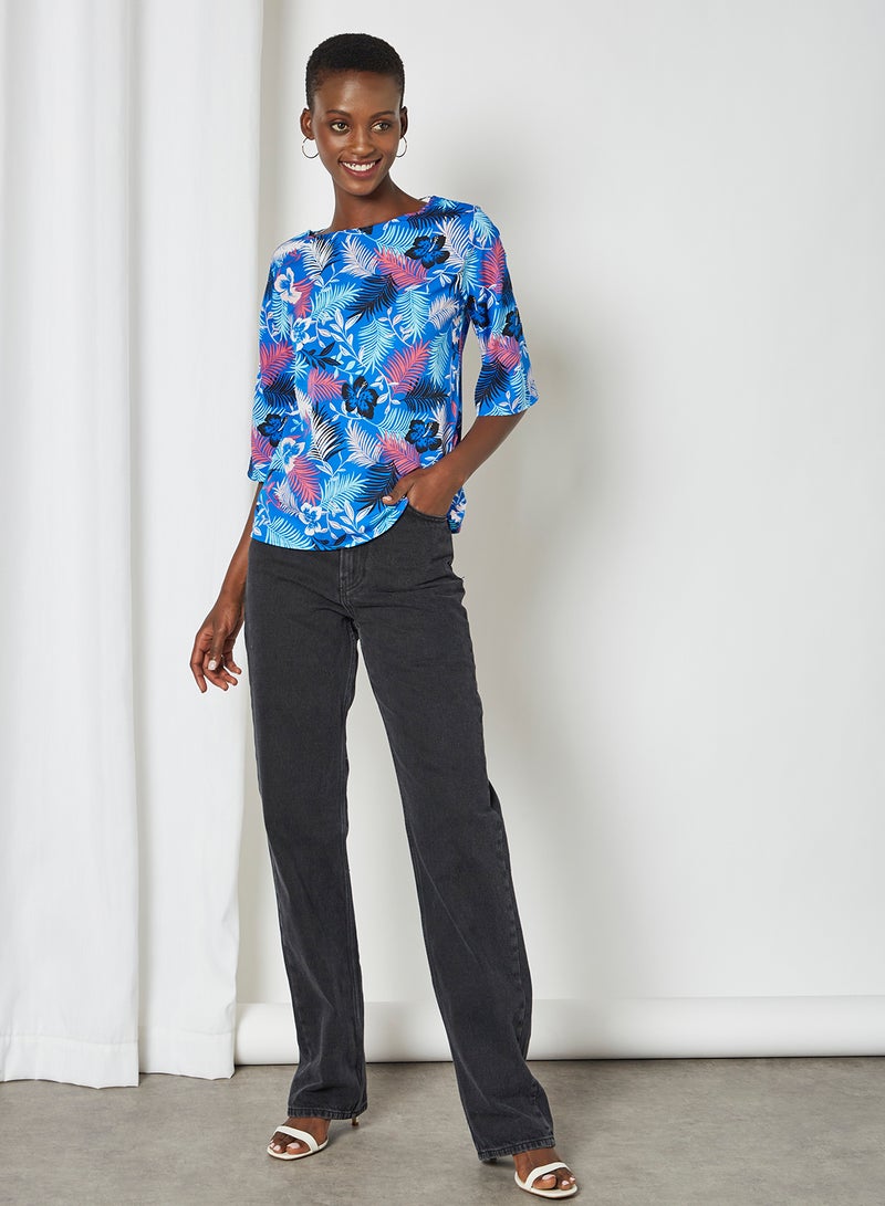 Aila Round Neck Floral Pattern Blouse Top Blue  - Image 2