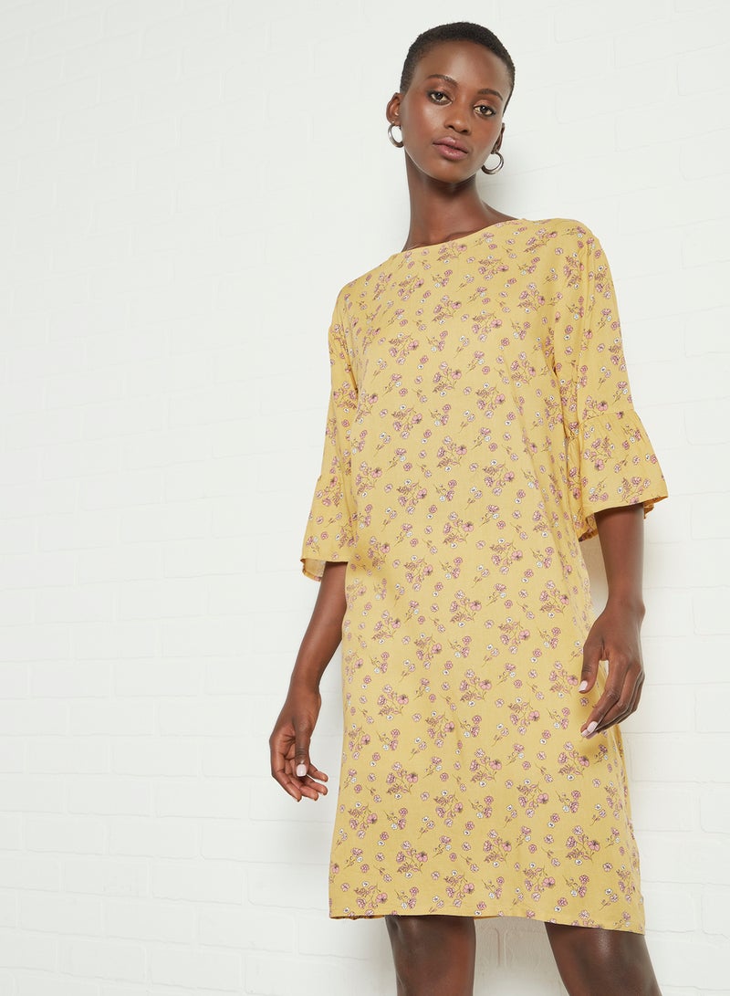 Aila Floral Pattern Flared Sleeve Dress Yellow  - Image 1