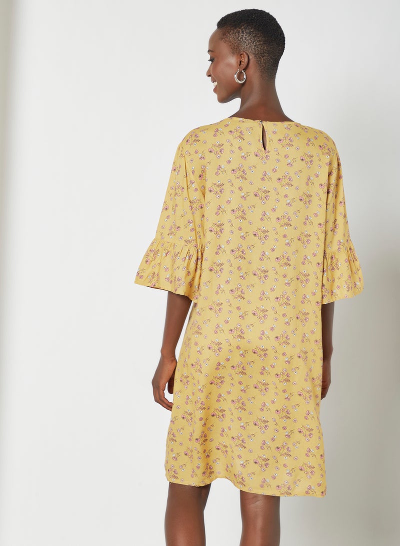 Aila Floral Pattern Flared Sleeve Dress Yellow  - Image 3