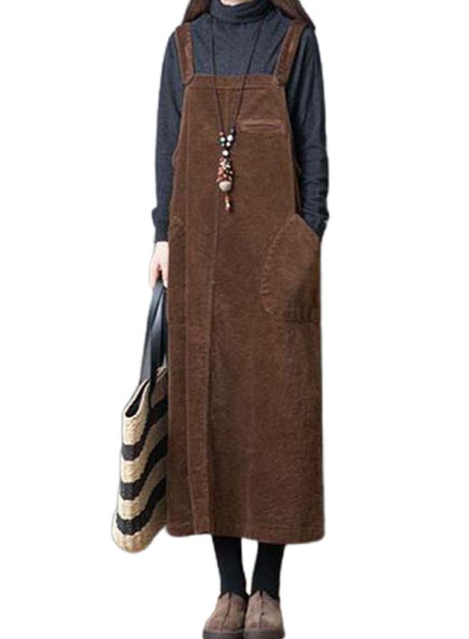 Corduroy Casual Strap Pocket Vintage Dress Coffee - Image 1