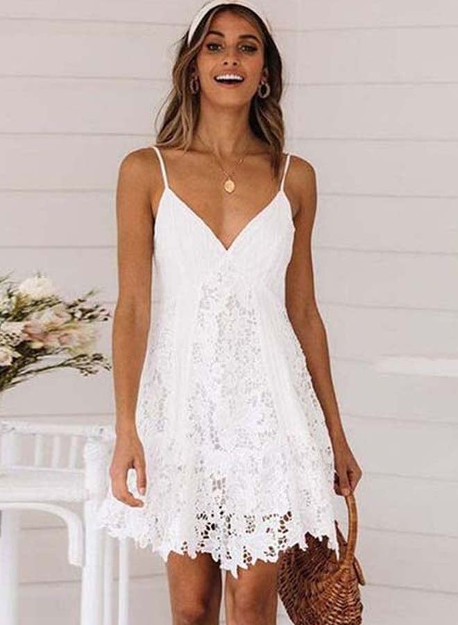 Lace Spaghetti Strap Crochet Mini Dress White - Image 3