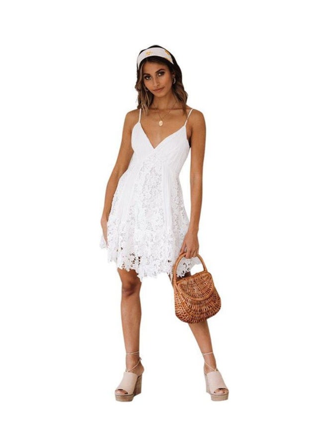 Lace Spaghetti Strap Crochet Mini Dress White - Image 1