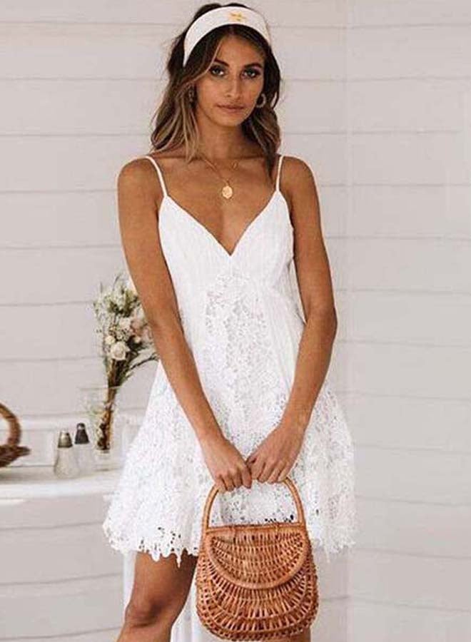 Lace Spaghetti Strap Crochet Mini Dress White - Image 2