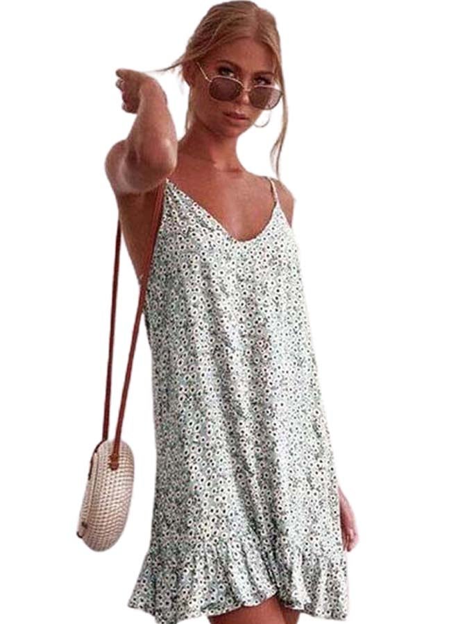 Floral Print Spaghetti Strap Casual Mini Dress Green/White/Brown - Image 1