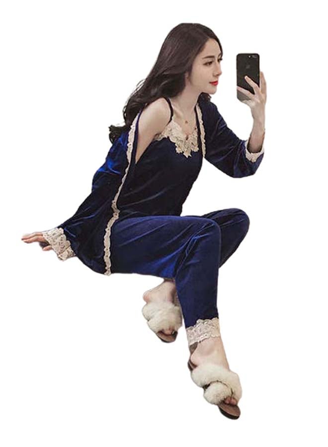 3-Piece Embroidered Lace Detail Pyjama Set Blue/White