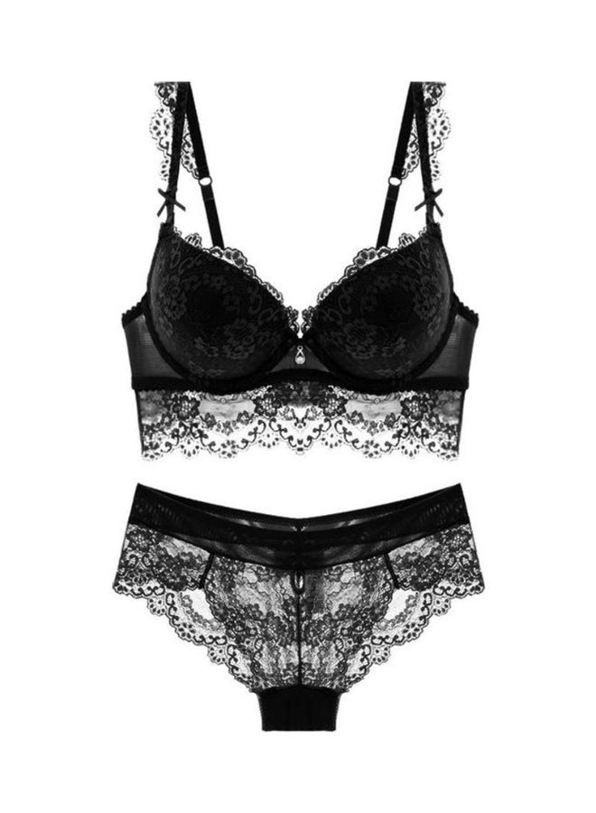 Embroidered Lace Detail Bra And Panty Set Black 