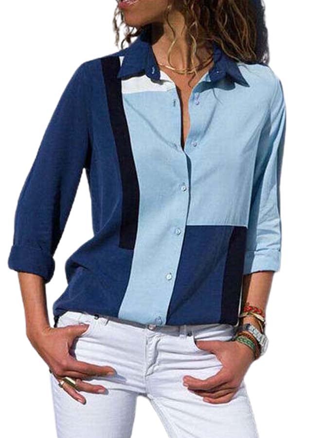 Colourblock Pattern Collared Neck Shirt Blue/Black/White  - Image 1