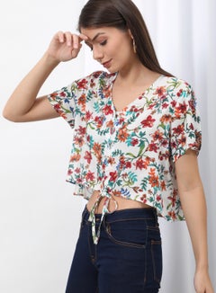 OFFROAD Stylish V-Neck Top Aop White Floral Multicolour  - Image 2