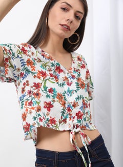 OFFROAD Stylish V-Neck Top Aop White Floral Multicolour  - Image 3