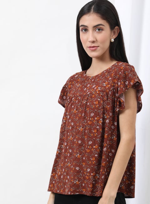 Flared Sleeve Printed Top Aop Cinnamon Floral