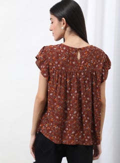OFFROAD Flared Sleeve Printed Top Aop Cinnamon Floral  - Image 2