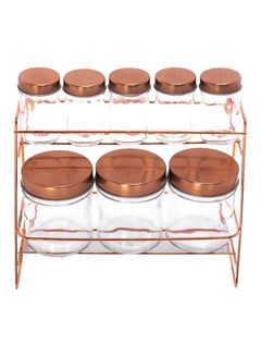 8-Piece Spice Jar With Copper Lid And Stand Clear/Brown Large Jar 550 Ml, Small Jar 250ml