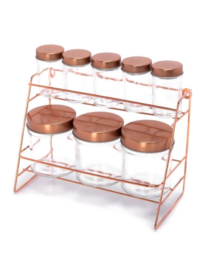 ALBERTO - 8-Piece Spice Jar With Copper Lid And Stand Clear/Brown Large Jar 550 Ml, Small Jar 250ml - Image 1