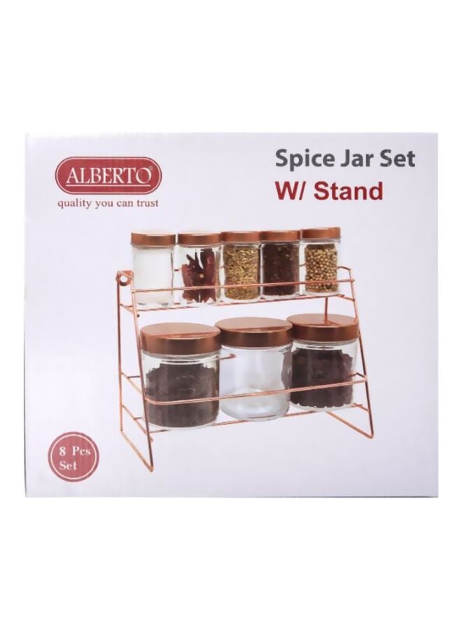 ALBERTO - 8-Piece Spice Jar With Copper Lid And Stand Clear/Brown Large Jar 550 Ml, Small Jar 250ml - Image 1