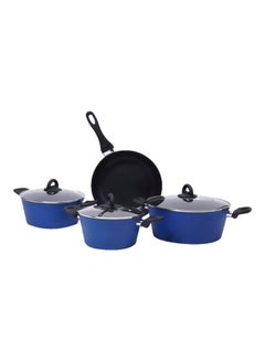 7-Piece Turkey Design Aluminum Granite Cookware Set Blue/Black Large Casserole 28 cm, Medium Casserole 24 cm, Small Casserole 20 cm, Frying Pan 28cm