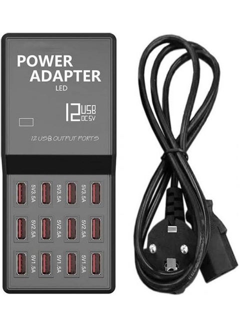 شاحن USB مع موزع ب12 منفذ ومحول طاقة للشحن متعدد السرعات بقابس أوروبي لأجهزة USB أسود