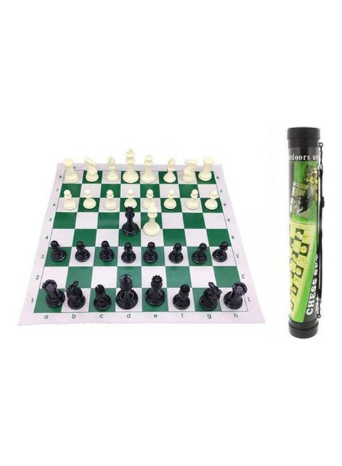 Compressed Chess Set With A Cylindrical Holder With A Leather Patch