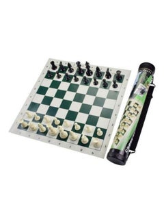 A Compressed Chess Set With A Cylindrical Holder With A Leather Patch