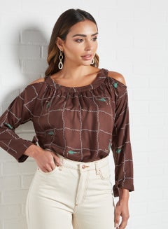 Checkered Pattern Blouse Top Brown Aop