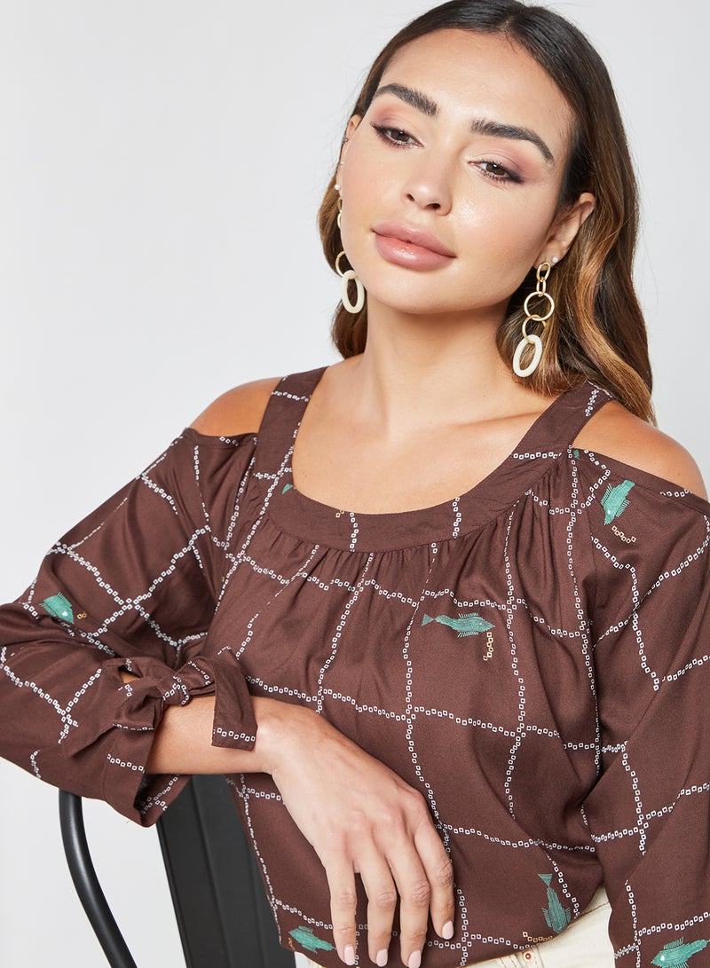 Aila - Checkered Pattern Blouse Top Brown Aop - Image 1