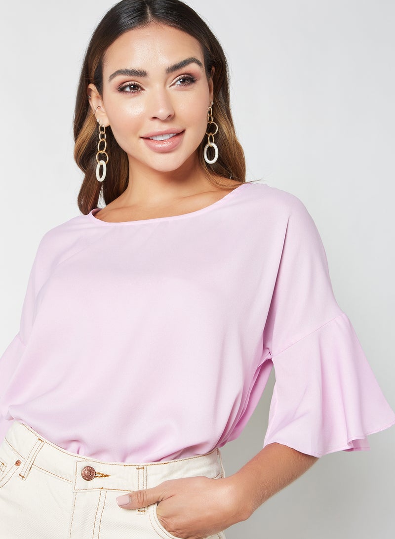Regular Fit Round Neck Bell Sleeve Detail Plain Casual Top Purple
