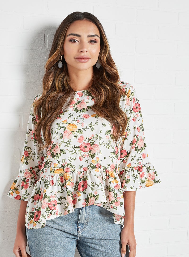 DRIP Ruffle Detail Floral Pattern Regular Fit Round Neck Bell Sleeve Top Aop White Print - Image 1