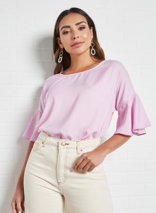 Regular Fit Round Neck Bell Sleeve Detail Plain Casual Top Purple - v1621516088/N46581330V_1